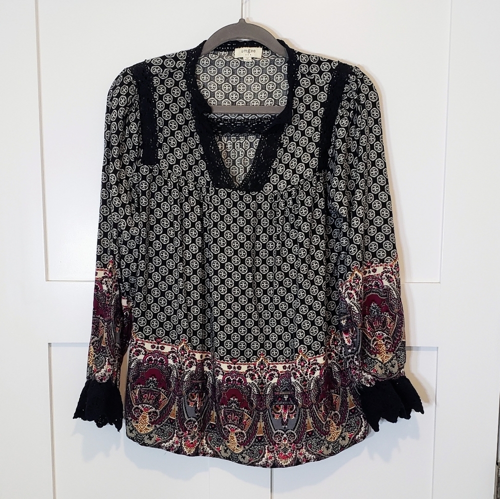 Umgee Size Medium Tunic Boho Lace Crochet Flowy Hi Lo Black Cream Pink P…